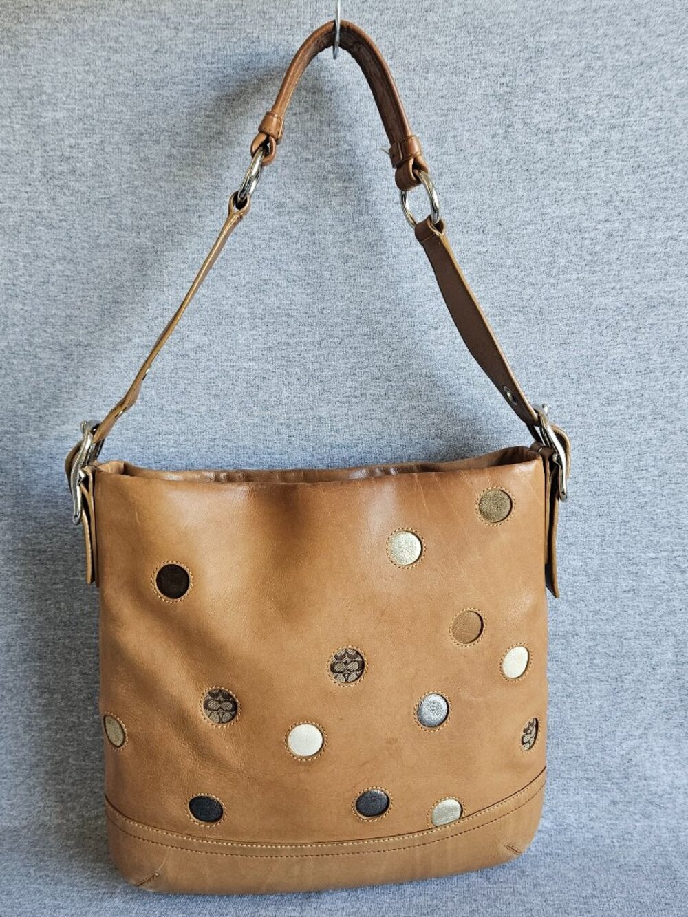 Coach Tan Brown Applique Soho Shoulder Bag Silver Hardware F10651 Polka Dot Y2K - Picture 2 of 15